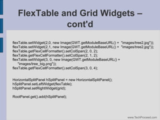 FlexTable and Grid Widgets –
cont'd
flexTable.setWidget(2,0, new Image(GWT.getModuleBaseURL() + "images/tree2.jpg"));
flexTable.setWidget(2,1, new Image(GWT.getModuleBaseURL() + "images/tree2.jpg"));
flexTable.getFlexCellFormatter().setColSpan(2, 0, 2);
flexTable.getFlexCellFormatter().setColSpan(2, 1, 2);
flexTable.setWidget(3, 0, new Image(GWT.getModuleBaseURL() +
"images/tree_big.png"));
flexTable.getFlexCellFormatter().setColSpan(3, 0, 4);
HorizontalSplitPanel hSplitPanel = new HorizontalSplitPanel();
hSplitPanel.setLeftWidget(flexTable);
hSplitPanel.setRightWidget(grid);
RootPanel.get().add(hSplitPanel);

www.TechProceed.com

 