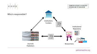 Who’s responsible?
Institutions
Funders
Researchers
Journals
Publishers
Institutional
Repository
 