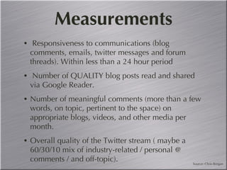 Measurements Responsiveness to communications (blog comments, emails, twitter messages and forum threads). Within less than a 24 hour period Number of QUALITY blog posts read and shared via Google Reader. Number of meaningful comments (more than a few words, on topic, pertinent to the space) on appropriate blogs, videos, and other media per month. Overall quality of the Twitter stream ( maybe a 60/30/10 mix of industry-related / personal @ comments / and off-topic). Source: Chris Borgan 
