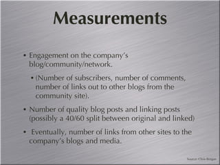 Measurements Engagement on the company’s blog/community/network.  (Number of subscribers, number of comments, number of links out to other blogs from the community site). Number of quality blog posts and linking posts (possibly a 40/60 split between original and linked) Eventually, number of links from other sites to the company’s blogs and media. Source: Chris Borgan 