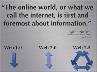 “ The online world, or what we call the internet, is first and foremost about information.” Jakob Nielsen Nielsen-Norman Group useit.com Web 1.0 Web 2.0 Web 2.5 