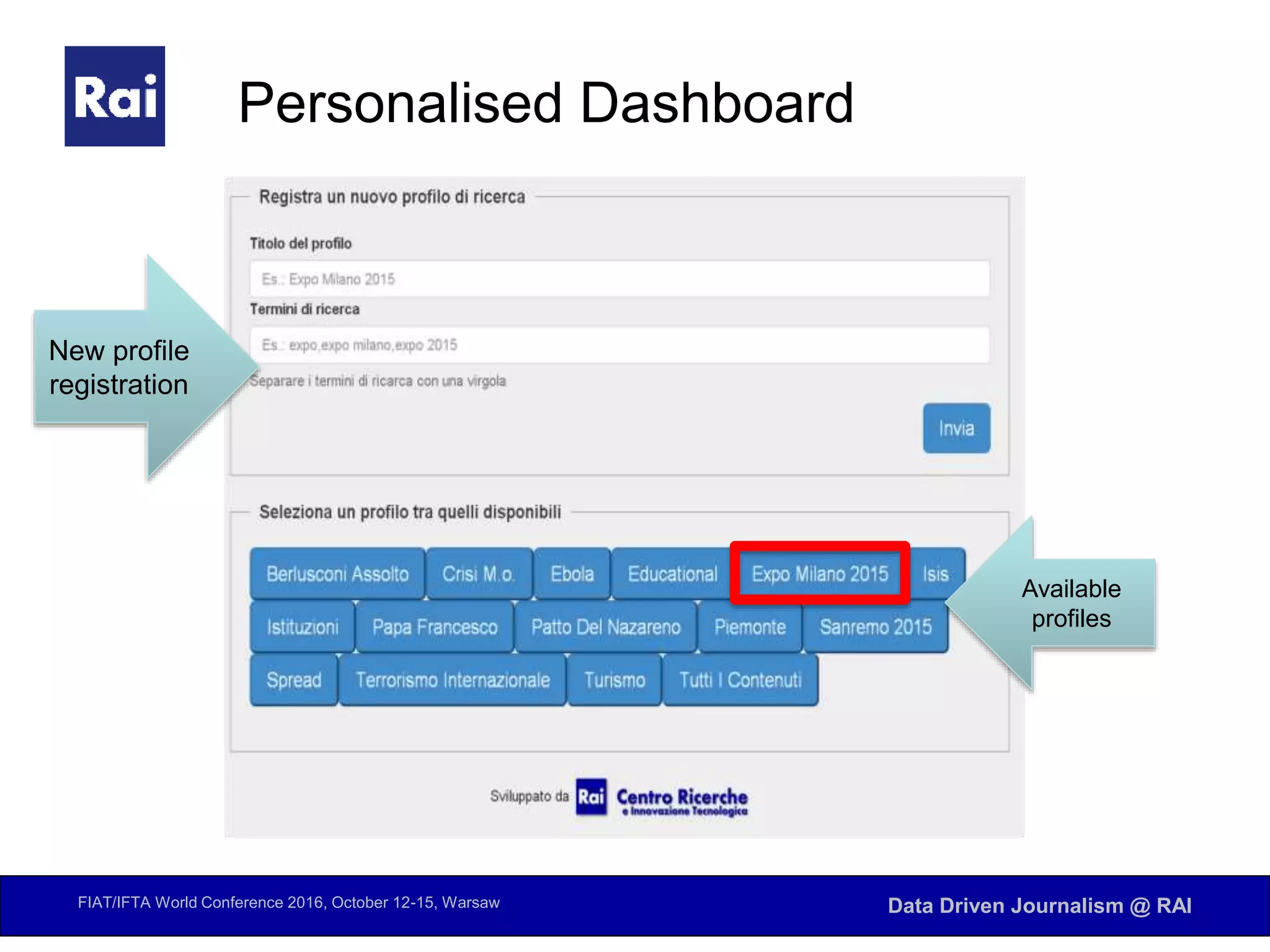 FIAT/IFTA World Conference 2016, October 12-15, Warsaw Data Driven Journalism @ RAI
Available
profiles
New profile
registration
Personalised Dashboard
 