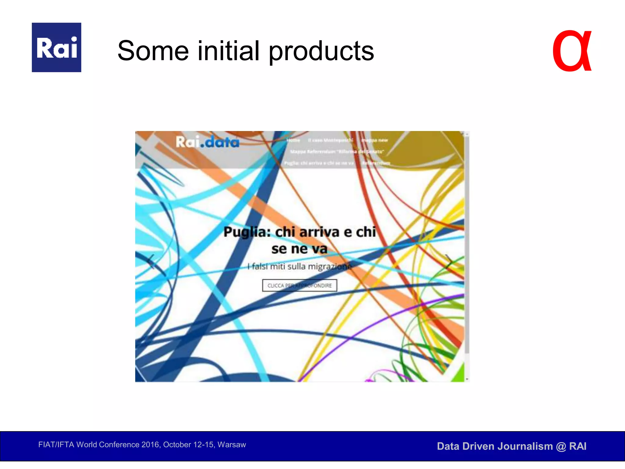 FIAT/IFTA World Conference 2016, October 12-15, Warsaw Data Driven Journalism @ RAI
Some initial products α
 