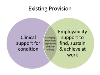Existing Provision
Clinical
support for
condition
Employability
support to
find, sustain
& achieve at
work
Managing
motivation,
aspirations
and self-
efficacy
 