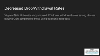 Decreased Drop/Withdrawal Rates
Virginia State University study showed 11% lower withdrawal rates among classes
utilizing OER compared to those using traditional textbooks
 