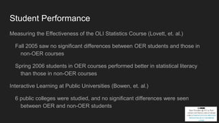 Student Performance
Measuring the Effectiveness of the OLI Statistics Course (Lovett, et. al.)
Fall 2005 saw no significant differences between OER students and those in
non-OER courses
Spring 2006 students in OER courses performed better in statistical literacy
than those in non-OER courses
Interactive Learning at Public Universities (Bowen, et. al.)
6 public colleges were studied, and no significant differences were seen
between OER and non-OER students
 