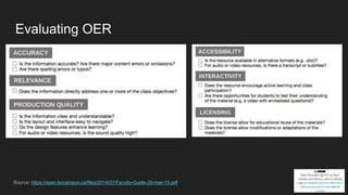 Evaluating OER
Source: https://open.bccampus.ca/files/2014/07/Faculty-Guide-29-mar-15.pdf
 