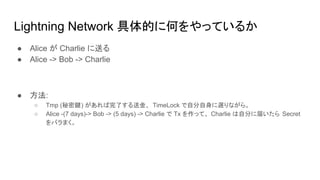 Lightning Network 具体的に何をやっているか
● Alice が Charlie に送る
● Alice -> Bob -> Charlie
● 方法:
○ Tmp (秘密鍵) があれば完了する送金、 TimeLock で自分自身に遅りながら。
○ Alice -(7 days)-> Bob -> (5 days) -> Charlie で Tx を作って、 Charlie は自分に届いたら Secret
をバラまく。
 