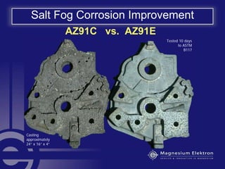 AZ91C vs. AZ91E
Tested 10 days
to ASTM
B117
Casting
approximately
24” x 16” x 4”
Salt Fog Corrosion Improvement
 