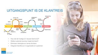 UITGANGSPUNT IS DE KLANTREIS
• Hoe ziet de huidige en nieuwe klant eruit?
• Welke customer journey maakt de klant?
• Elimineer drempels en verras de klant
• Integreer klantfocus in organisatie en systemen
 