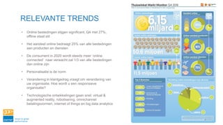 RELEVANTE TRENDS
• Online bestedingen stijgen significant, Q4 met 27%,
offline staat stil
• Het aandeel online bedraagt 25% van alle bestedingen
aan producten en diensten
• De consument in 2020 wordt steeds meer ‘online
connected’ naar verwacht zal 1/3 van alle bestedingen
dan online zijn
• Personalisatie is de norm
• Verandering in klantgedrag vraagt om verandering van
uw organisatie. Hoe wordt u een responsieve
organisatie?
• Technologische ontwikkelingen gaan snel: virtual &
augmented reality, robotisering, omnichannel
betalingsvormen, internet of things en big data analytics
 