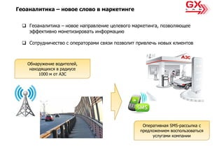 Геоаналитика – новое слово в маркетинге


    Геоаналитика – новое направление целевого маркетинга, позволяющее
    эффективно монетизировать информацию

    Сотрудничество с операторами связи позволит привлечь новых клиентов



   Обнаружение водителей,
    находящихся в радиусе
        1000 м от АЗС




                                                  Оперативная SMS-рассылка с
                                                 предложением воспользоваться
                                                      услугами компании
 