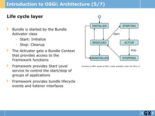 Introduction to OSGi: Architecture (5/7)

Life cycle layer

                                                    INSTALLED                        STARTING
  Bundle is started by the Bundle
  Activator class                                                          start

    - Start: Initialize
                                                    RESOLVED                           ACTIVE
    - Stop: Cleanup
  The Activator gets a Bundle Context                                                         stop

  that provides access to the
                                                  UNINSTALLED                        STOPPING
  Framework functions
  Framework provides Start Level         Courtesy of IBM, aQute & OSGi; made available under the EPLv1.0

  service to control the start/stop of
  groups of applications
  Framework provides bundle lifecycle
  events and listener interfaces
 