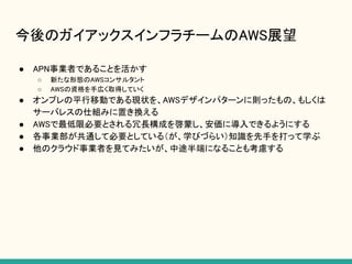 今後のガイアックスインフラチームのAWS展望
● APN事業者であることを活かす
○ 新たな形態のAWSコンサルタント
○ AWSの資格を手広く取得していく
● オンプレの平行移動である現状を、AWSデザインパターンに則ったもの、もしくは
サーバレスの仕組みに置き換える
● AWSで最低限必要とされる冗長構成を啓蒙し、安価に導入できるようにする
● 各事業部が共通して必要としている（が、学びづらい）知識を先手を打って学ぶ
● 他のクラウド事業者を見てみたいが、中途半端になることも考慮する
 