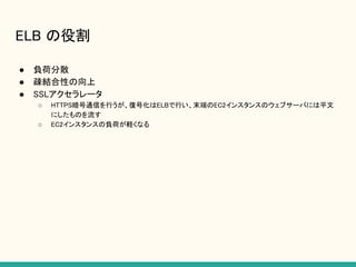 ELB の役割
● 負荷分散
● 疎結合性の向上
● SSLアクセラレータ
○ HTTPS暗号通信を行うが、復号化はELBで行い、末端のEC2インスタンスのウェブサーバには平文
にしたものを流す
○ EC2インスタンスの負荷が軽くなる
 