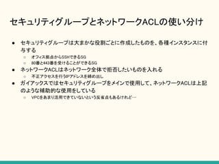 セキュリティグループとネットワークACLの使い分け
● セキュリティグループは大まかな役割ごとに作成したものを、各種インスタンスに付
与する
○ オフィス拠点からSSHできるSG
○ 80番と443番を受けることができるSG
● ネットワークACLはネットワーク全体で拒否したいものを入れる
○ 不正アクセスを行うIPアドレスを締め出し
● ガイアックスではセキュリティグループをメインで使用して、ネットワークACLは上記
のような補助的な使用をしている
○ VPCをあまり活用できていないという反省点もあるけれど…
 