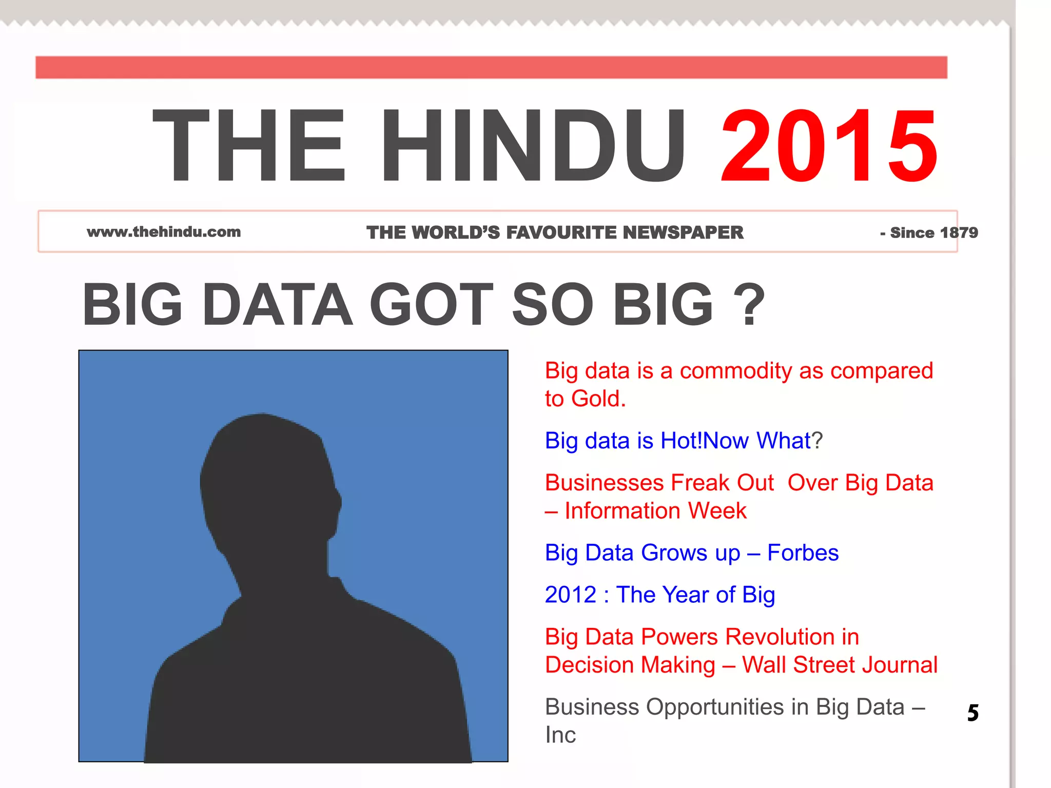BIG DATA GOT SO BIG ?
Big data is a commodity as compared
to Gold.
Big data is Hot!Now What?
Businesses Freak Out Over Big Data
– Information Week
Big Data Grows up – Forbes
2012 : The Year of Big
Big Data Powers Revolution in
Decision Making – Wall Street Journal
Business Opportunities in Big Data –
Inc
THE HINDU 2015
www.thehindu.com THE WORLD’S FAVOURITE NEWSPAPER - Since 1879
5
 