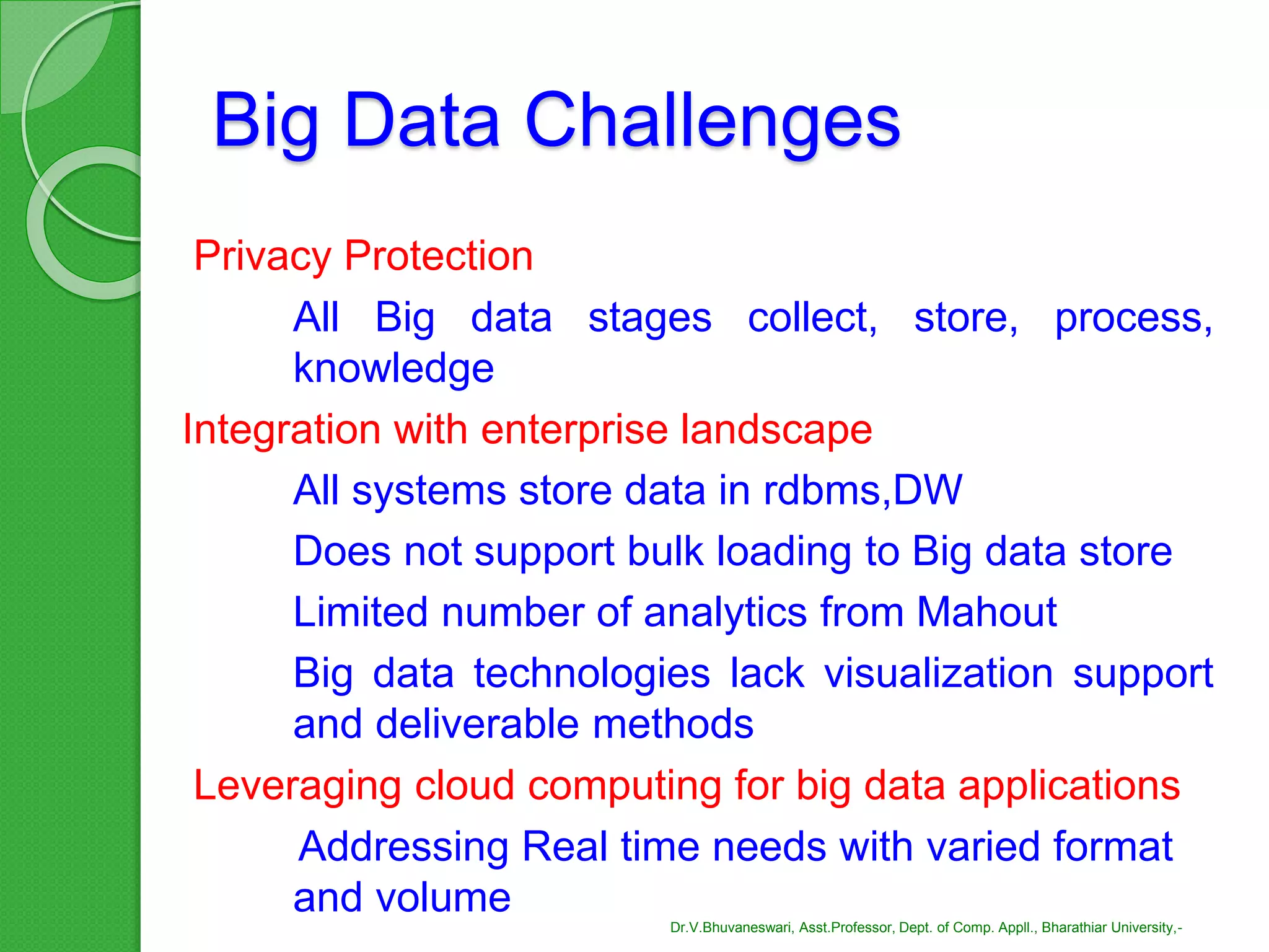 Big Data Challenges
Privacy Protection
All Big data stages collect, store, process,
knowledge
Integration with enterprise landscape
All systems store data in rdbms,DW
Does not support bulk loading to Big data store
Limited number of analytics from Mahout
Big data technologies lack visualization support
and deliverable methods
Leveraging cloud computing for big data applications
Addressing Real time needs with varied format
and volume Dr.V.Bhuvaneswari, Asst.Professor, Dept. of Comp. Appll., Bharathiar University,-
 