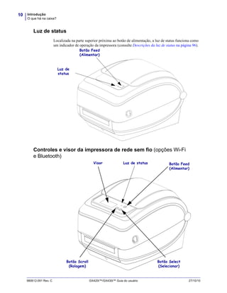 Introdução
O que há na caixa?
10
980612-091 Rev. C GX420t™/GX430t™ Guia do usuário 27/10/10
Luz de status
Localizada na parte superior próxima ao botão de alimentação, a luz de status funciona como
um indicador de operação da impressora (consulte Descrições da luz de status na página 96).
Controles e visor da impressora de rede sem fio (opções Wi-Fi
e Bluetooth)
Botão Feed
(Alimentar)
Luz de
status
Botão Feed
(Alimentar)
Botão Scroll
(Rolagem)
Botão Select
(Selecionar)
Visor Luz de status
 