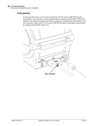 Primeiros passos
Conexão da impressora a um computador
30
980612-091 Rev. C GX420t™/GX430t™ Guia do usuário 27/10/10
Porta paralela
O cabo necessário deve ter um conector macho tipo “D” de 25 pinos (DB-25P) em uma
extremidade e um Centronics na outra (especificação de interface paralela IEEE 1284 A-B).
Modelos mais antigos de impressoras G-Series suportavam originalmente cabos paralelos com
dois conectores macho tipo “D” de 25 pinos (DB-25P) nas duas extremidades (especificação
de interface paralela IEEE 1284 A-A).
Cabo paralelo
 