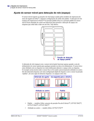 Opções da impressora
Opção de sensor móvel de marca preta
58
980612-091 Rev. C GX420t™/GX430t™ Guia do usuário 27/10/10
Ajuste do sensor móvel para detecção de rolo (espaço)
O sensor móvel suporta as posições de rolo/espaço usadas pelos modelos de impressora de
mesa de legado da Zebra®
e algumas configurações de mídia não padrão. A detecção de rolo
(espaço) da impressora G-Series™ na posição padrão (fixa) ou a posição padrão do sensor
móvel ficam afastadas do centro da impressora para permitir a detecção de espaço em
etiquetas que estão lado a lado em um rolo. Veja abaixo.
A detecção de rolo (espaço) com o sensor móvel pode funcionar apenas quando a seta de
alinhamento do sensor aponta para qualquer posição na chave de alinhamento. O sensor deve
estar alinhado com as etiquetas (ou outra mídia) para detectar o espaço entre as etiquetas.
O exemplo acima mostra onde o sensor fica se for usado o posicionamento alinhado no centro.
Ele não detectará etiquetas com uma configuração dupla de etiqueta e com o sensor na posição
“padrão”, ele será capaz de detectar etiquetas e os espaços entre elas.
• Padrão — modelos Zebra: sensores de posição fixa da G-Series™, LP/TLP 2842™,
LP/TLP 2844™, LP/TLP 2042™
• Alinhado no centro — modelo Zebra: LP/TLP 2742™
CL
Posição de detecção
de espaço padrão
Intervalo de ajuste - da esquerda para a direita
PadrãoAlinhado no centro
 