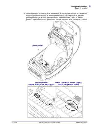 61Opções da impressora
Opção de cortador
27/10/10 GX420t™/GX430t™ Guia do usuário 980612-091 Rev. C
3. Se sua impressora incluir a opção de sensor móvel de marca preta, verifique se o sensor está
alinhado ligeiramente à direita da posição padrão central. Essa é a posição de operação
padrão para detecção de mídia. Quando o sensor for movimentado a partir da posição
padrão, a impressora detectará apenas mídia marcada com linha preta, marca preta e ranhura.
Sensor móvel
Descentralizado
Apenas detecção de marca preta
Padrão - Detecção de rolo (espaço)
Posição de operação padrão
 