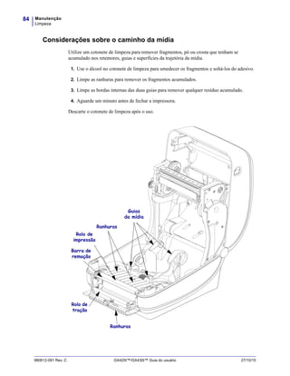 Manutenção
Limpeza
84
980612-091 Rev. C GX420t™/GX430t™ Guia do usuário 27/10/10
Considerações sobre o caminho da mídia
Utilize um cotonete de limpeza para remover fragmentos, pó ou crosta que tenham se
acumulado nos retentores, guias e superfícies da trajetória da mídia.
1. Use o álcool no cotonete de limpeza para umedecer os fragmentos e soltá-los do adesivo.
2. Limpe as ranhuras para remover os fragmentos acumulados.
3. Limpe as bordas internas das duas guias para remover qualquer resíduo acumulado.
4. Aguarde um minuto antes de fechar a impressora.
Descarte o cotonete de limpeza após o uso.
Guias
da mídia
Ranhuras
Rolo de
impressão
Barra de
remoção
Rolo de
tração
Ranhuras
 