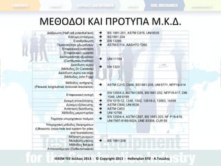 ΜΕΘΟΔΟΙ ΚΑΙ ΠΡΟΤΥΠΑ Μ.Κ.Δ.
Διάβρωση (Half cell potential test)  BS 1881:201, ASTM C876, UNI 9535
Κάλυψη οπλισμού  BS1881:204
Ενανθράκωση  ΕΝ 13295
Περιεκτικότητα χλωριόντων  ASTM C114, AASHTO T260
Επιφανειακή αντίσταση
Επιφανειακή υγρασία
Διαπερατότητα οξυγόνου
(Cembureau method)
 UNI 11164
Διείσδυση νερού
(Μέθοδος Dr Carstens)
 ΕΝ 1323
Διείσδυση νερού και αέρα
(Μέθοδος John Figg)
Μέθοδος αντήχησης
(Flexural, longitudinal, torsional resonance)
 ASTM C215, C666, BS1881:209, UNI 9771, NFP18-414
Επιφανειακή αντοχή 
ΕΝ 12504-2, ASTM C805, BS1881:202, NFP18-417, DIN
1048, UNI 9189
Δοκιμή αποκόλλησης  ΕΝ 1015-12, 1348, 1542, 12618-2, 13963, 14496
Δύναμη εξόλκευσης  ASTM C900, UNI 9536
Αντίσταση διείσδυσης  ASTM C803
Μέθοδος μικροπυρήνα  UNI 10766
Ταχύτητα υπερηχητικού παλμού 
ΕΝ 12504-4, ASTM C597, BS 1881:203, NF P18-418,
UNI 7997-9189-9524, UNE 83308, CUR 69
Υπερηχητική μέθοδος διατρημάτων
(Ultrasonic cross-hole test system for piles
and foundations)
Μέτρηση ρωγμών
Μεταβολή μήκους  BS 1881:206
Μέθοδος flat-jack
Αποκλισιόμετρα (Deflectometers)
ΙΕΚΕΜ ΤΕΕ Ιούλιος 2013 - © Copyright 2013 - Hellenplan ΕΠΕ - Α.Τσιώλης
 