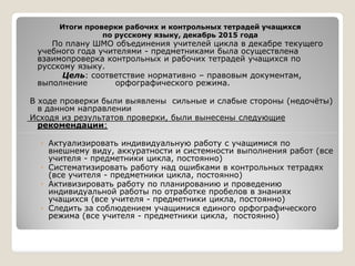 Итоги проверки рабочих и контрольных тетрадей учащихся
по русскому языку, декабрь 2015 года
По плану ШМО объединения учителей цикла в декабре текущего
учебного года учителями - предметниками была осуществлена
взаимопроверка контрольных и рабочих тетрадей учащихся по
русскому языку.
Цель: соответствие нормативно – правовым документам,
выполнение орфографического режима.
В ходе проверки были выявлены сильные и слабые стороны (недочёты)
в данном направлении
Исходя из результатов проверки, были вынесены следующие
рекомендации:
◦ Актуализировать индивидуальную работу с учащимися по
внешнему виду, аккуратности и системности выполнения работ (все
учителя - предметники цикла, постоянно)
◦ Систематизировать работу над ошибками в контрольных тетрадях
(все учителя - предметники цикла, постоянно)
◦ Активизировать работу по планированию и проведению
индивидуальной работы по отработке пробелов в знаниях
учащихся (все учителя - предметники цикла, постоянно)
◦ Следить за соблюдением учащимися единого орфографического
режима (все учителя - предметники цикла, постоянно)
 