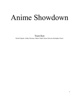 1
Anime Showdown
Team Ken
Derick Fajardo, Ashley Fleeman, Clinton Huish, Hosea Dawson, Kristopher Chavis
 