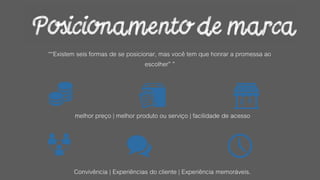 ““Existem seis formas de se posicionar, mas você tem que honrar a promessa ao
escolher” ”
melhor preço | melhor produto ou serviço | facilidade de acesso
Convivência | Experiências do cliente | Experiência memoráveis.
 