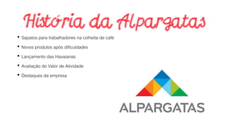 • Sapatos para trabalhadores na colheita de café
• Novos produtos após dificuldades
• Lançamento das Havaianas
• Avaliação do Valor de Atividade
• Destaques da empresa
 