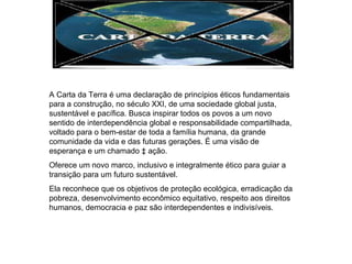 A Carta da Terra é uma declaração de princípios éticos fundamentais para a construção, no século XXI, de uma sociedade global justa, sustentável e pacífica. Busca inspirar todos os povos a um novo sentido de interdependência global e responsabilidade compartilhada, voltado para o bem-estar de toda a família humana, da grande comunidade da vida e das futuras gerações. É uma visão de esperança e um chamado à ação. Oferece um novo marco, inclusivo e integralmente ético para guiar a transição para um futuro sustentável. Ela reconhece que os objetivos de proteção ecológica, erradicação da pobreza, desenvolvimento econômico equitativo, respeito aos direitos humanos, democracia e paz são interdependentes e indivisíveis. 