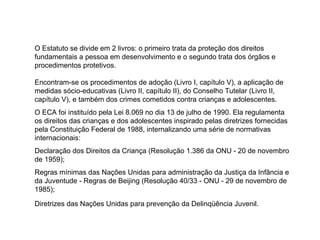 O Estatuto se divide em 2 livros: o primeiro trata da proteção dos direitos fundamentais a pessoa em desenvolvimento e o segundo trata dos órgãos e procedimentos protetivos. Encontram-se os procedimentos de adoção (Livro I, capítulo V), a aplicação de medidas sócio-educativas (Livro II, capítulo II), do Conselho Tutelar (Livro II, capítulo V), e também dos crimes cometidos contra crianças e adolescentes. O ECA foi instituído pela Lei 8.069 no dia 13 de julho de 1990. Ela regulamenta os direitos das crianças e dos adolescentes inspirado pelas diretrizes fornecidas pela Constituição Federal de 1988, internalizando uma série de normativas internacionais: Declaração dos Direitos da Criança (Resolução 1.386 da ONU - 20 de novembro de 1959);  Regras mínimas das Nações Unidas para administração da Justiça da Infância e da Juventude - Regras de Beijing (Resolução 40/33 - ONU - 29 de novembro de 1985);  Diretrizes das Nações Unidas para prevenção da Delinqüência Juvenil.   