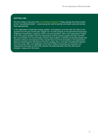 BOTTOM LINE
We have written in the past of the “overwhelmed employee.”8
Today, perhaps the theme should
be the “overwhelmed leader”—underscoring the need to identify new leaders early and develop
them appropriately.
Is the organization’s leadership strategy, pipeline, and programs up to the task? Our data on this
question over the past several years suggest not. To make progress on the perennial and pervasive
challenges of leadership, companies need to ask hard questions. Who in the organization is likely
to be a true game-changer? Does the organization tend to promote people who look and think
like current leaders? Do current leaders conduct deep analyses to identify and develop people with
potential, wherever and whomever they may be? How much time do leaders in the organization
spend on elevating team effectiveness? Are the strategy, focus, and rigor of leadership programs
up to the needs, skills, and challenges of the future? Only by answering such questions can
organizations find ways to effectively cultivate the leadership talent that they will need to
compete—today and in the future.
The new organization: Different by design
33
 