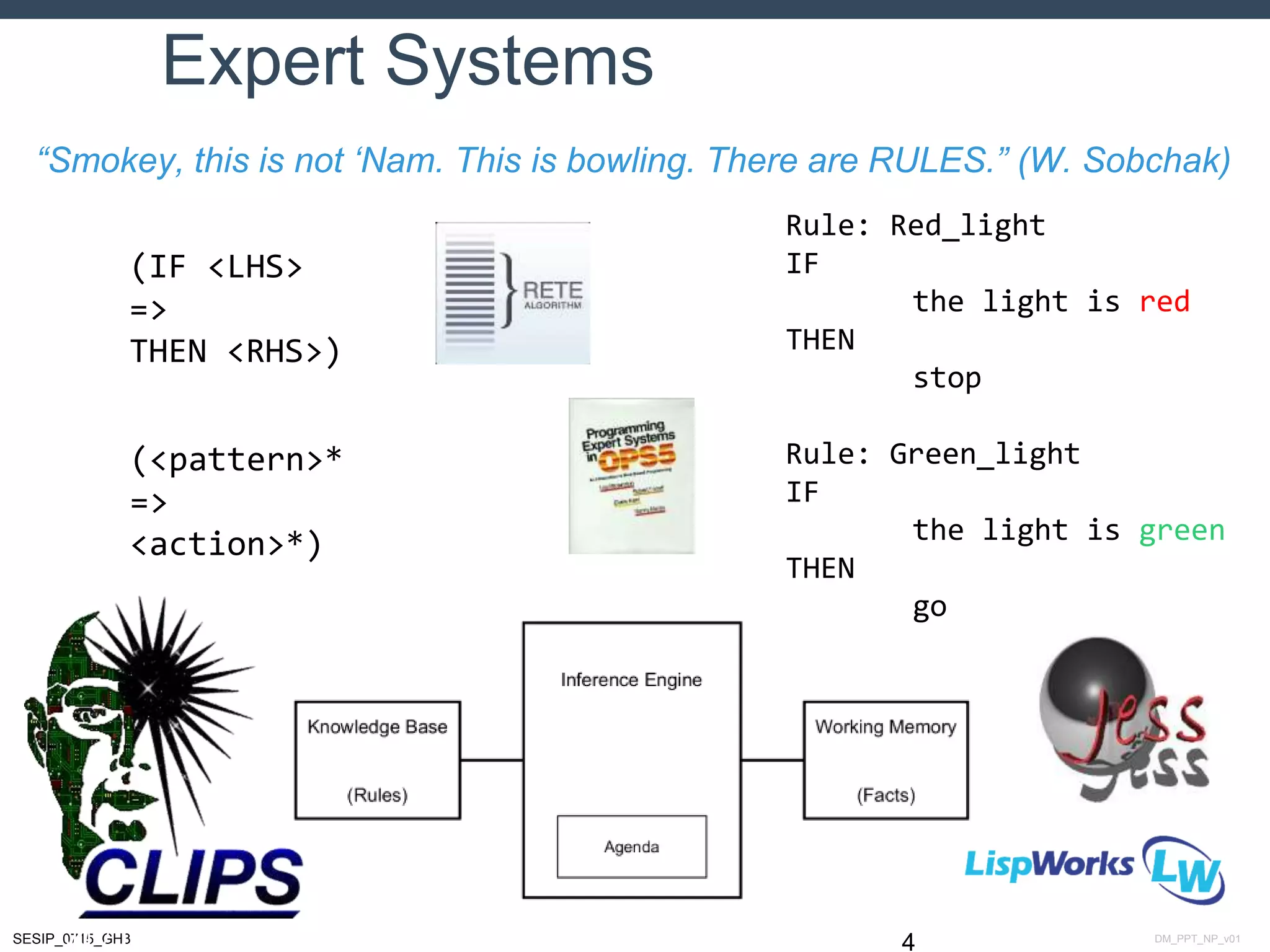DM_PPT_NP_v01SESIP_0715_GH3
Expert Systems
4July 14 – 17, 2015
“Smokey, this is not ‘Nam. This is bowling. There are RULES.” (W. Sobchak)
(IF <LHS>
=>
THEN <RHS>)
(<pattern>*
=>
<action>*)
Rule: Red_light
IF
the light is red
THEN
stop
Rule: Green_light
IF
the light is green
THEN
go
 