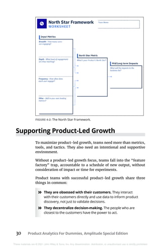 30 Product Analytics For Dummies, Amplitude Special Edition
These materials are © 2021 John Wiley & Sons, Inc. Any dissemination, distribution, or unauthorized use is strictly prohibited.
Supporting Product-Led Growth
To maximize product-led growth, teams need more than metrics,
tools, and tactics. They also need an intentional and supportive
environment.
Without a product-led growth focus, teams fall into the “feature
factory” trap, accountable to a schedule of new output, without
consideration of impact or time for experiments.
Product teams with successful product-led growth share three
things in common:
»
» They are obsessed with their customers. They interact
with their customers directly and use data to inform product
discovery, not just to validate decisions.
»
» They decentralize decision-making. The people who are
closest to the customers have the power to act.
FIGURE 4-2: The North Star Framework.
 