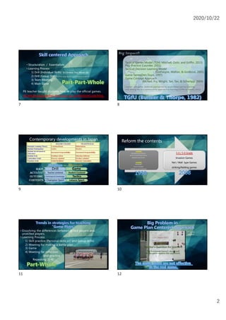 2020/10/22
2
• Structuralism / Essentialism
• Learning Process
1) Drill (Individual Skills) Ex.) Dribble, Pass, Shoot…etc.
2) Drill (Group Skills) Ex.)Fast Break, Man to man defense, Zone defense
3) Team Meeting
4) Main Game
PE teacher taught students how to play the official games.
PE teacher approaches the lesson as professional coaching.
7
Big Impact!!
Tactical Games Model (TGM; Mitchell, Oslin, and Griffin, 2013)
Play Practice (Launder, 2001)
Tactical-Decision Learning Model
(Grehaigne, Wallian, & Godbout, 2005)
Game Sense(Den Duyn, 1997)
Game Concept Approach
(McNeil, Fry, Wright, Tan, Tan, & Schempp, 2004)
Learner- and game- centered approaches to sport-related games learning
with strong ties to a constructivist approach to learning (Griffin & Patton, 2005).
8
Contemporary developments in Japan
Drill Game
Teacher-centered Student-Centered
Technique & knowledge Tactics
Champion Sport Leisure Sport
MAIN
Traditional PE
CONTENTS
OUTCOME
Current PE
ACTIVITY
9
3-4 Grade
Basketball type Games
Soccer Football type Games
Baseball type Games
5-6 Grade
Basketball
Soccer Football
Softball or Soft Volleyball
3-4 / 5-6 Grade
Invasion Games
Net / Wall type Games
striking/fielding games
Reform the contents
10
• Dissolving the differences between skilled players and
unskilled players.
• Learning Process
1) Skill practice (Personal skills or/ and Group skills)
2) Meeting for making a battle plan
3) Game
4) Meeting for reflection
and practice
Repeating 2)-4)
11
9th Grade
Handball
12
 