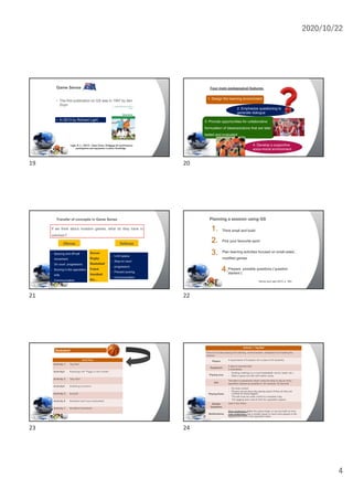 2020/10/22
4
Game Sense
• The first publication on GS was in 1997 by den
Duyn
• In 2013 by Richard Light
Light, R. L. (2013). Game Sense: Pedagogy for performance,
participation and enjoyment. London: Routledge.
19
Four main pedagogical features
1. Design the learning environment
2. Emphasize questioning to
generate dialogue
3. Provide opportunities for collaborative
formulation of ideas/solutions that are later
tested and evaluated
4. Develop a supportive
socio-moral environment
20
Transfer of concepts in Game Sense
If we think about invasion games, what do they have in
common?
Soccer
Rugby
Basketball
Futsal
Handball
Etc…
- Spacing and off ball
movement;
- On court progression;
- Scoring in the opposition
side.
- Communication
- Limit space;
- Stop on court
progression;
- Prevent scoring.
- Communication
Ofense Defense
21
Planning a session using GS
Think small and build1.
Pick your favourite sport2.
Plan learning activities focused on small-sided ,
modified games
3.
Prepare possible questions (‘question
starters’)
4.
Harvey and Light (2015, p. 185)
22
Basketball
Unit Plan
Activity 1 Tag Ball
Activity2 Keepings off/ ‘Piggy in the middle’
Activity 3 Tally Ball
Activity4 Dribbling knockout
Activity 5 Keyball
Activity 6 Modified half-court basketball
Activity 7 Modified basketball
23
Activity 1: Tag Ball
Focus: Accurate passing and catching, communication, anticipation and leading the
receiver.
Players 4 equal teams of 6 players (for a class of 24 students)
Equipment
2 sets of coloured bibs
2 basketballs
Playing area
- Existing markings on a court (basketball, tennis, futsal, etc.)
- Mark a space out with soft marker cones
Aim
The team in possession (team using the bibs) to tag as many
opposition players as possible in, for example, 30 seconds.
Playing Rules
- No body contact
- Players cannot leave the playing space (if they do they are
counted as being tagged)
- The ball must be under control to complete a tag
- The tagging team cannot hold the opposition players
Sample
Questions
(see in the video)
Modifications
More challenging: Make the space larger or use two balls at once
Less challenging: use a smaller space or have more players in the
tagging team than in the opposition team.
24
 