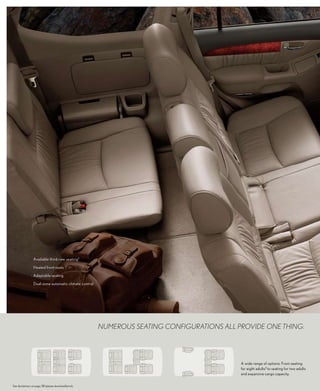 Available third-row seating 7

                 Heated front seats

                 Adaptable seating

                 Dual-zone automatic climate control




                                                       NUMEROUS SEatiNg cONfigURatiONS all pROvidE ONE thiNg:




                                                                                            A wide range of options: From seating
                                                                                            for eight adults 7 to seating for two adults
                                                                                            and expansive cargo capacity.

See disclaimers on page 38 (please download/print).
 