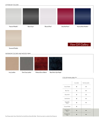 exterior colors




            Titanium Metallic*                                           Black Onyx*                                             Blizzard Pearl                             Salsa Red Pearl*                     Nautical Blue Metallic*




                                                                                                                                                                                                     View Gx Gallery
            Savannah Metallic



 iNterior colors AND WooD triM




            Ivory Leather                              Dark Gray Leather                           Medium Brown Walnut                            Black Bird’s-Eye Maple†



                                                                                                                                                                              color AVAilABilitY


                                                                                                                                                                                                        Ivory Leather       Dark Gray Leather



                                                                                                                                                                                 Titanium Metallic           ■                     ■




                                                                                                                                                                                    Black Onyx               ■                     ■




                                                                                                                                                                                   Blizzard Pearl            ■                     ■




                                                                                                                                                                                  Salsa Red Pearl            ■                     ■



                                                                                                                                                                                   Nautical Blue
                                                                                                                                                                                                             ■                     ■
                                                                                                                                                                                     Metallic


                                                                                                                                                                                 Savannah Metallic           ■



                                                                                                                                                                                  Medium Brown
                                                                                                                                                                                                             ■                     ■
                                                                                                                                                                                     Walnut


                                                                                                                                                                                  Black Bird’s-Eye
                                                                                                                                                                                                             ■                     ■
                                                                                                                                                                                      Maple
*Sport Package available in Titanium Metallic, Black Onyx, Salsa Red Pearl and Nautical Blue Metallic. †Black bird’s-eye maple trim is available with Sport Package only.
 