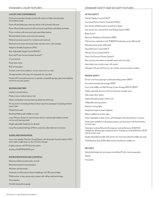 STANDARD LUXURY FEATURES                                                               STANDARD SAFETY AND SECURITY FEATURES

    LUXURY AND CONVENIENCE                                                                ACTIVE SAFETY
    Dual-zone automatic climate control with interior air filter and automatic            Vehicle Stability Control (VSC)13
    recirculation mode
                                                                                          Four-wheel Active Traction Control (A-TRAC)
    Power tilt-and-telescopic steering column with automatic tilt-away
                                                                                          Four-wheel ventilated power-assisted disc brakes
    Power tilt-and-slide moonroof with one-touch open/close and sliding sunshade
                                                                                          Four-sensor, four-channel Anti-lock Braking System (ABS)
    Power windows with one-touch auto open/close feature
                                                                                          Brake Assist2
    Remote-linked window and moonroof opening
                                                                                          Electronic Brakeforce Distribution (EBD)
    Retained accessory power for windows and moonroof
                                                                                          Full-time four-wheel drive with TORSEN® limited-slip center differential3
    Electrochromic (auto-dimming) inside rearview mirror with compass
                                                                                          Manual-locking center differential
    Adaptive Variable Suspension (AVS)
                                                                                          Downhill Assist Control (DAC)1
    Rear Adjustable Height Control (RAHC)
                                                                                          Hill-start Assist Control (HAC)1
    Roof rack20 with chrome-finished accents27
                                                                                          Direct Tire Pressure Monitor System12
    Cruise control
                                                                                          Rain-sensing intermittent windshield wipers with mist cycle
    Power door locks
                                                                                          Intermittent rear-window wiper with washer
    Rear privacy glass
                                                                                          Defogger with auto-off timer for rear window and rear-quarter windows
    Tonneau cover (only available on vehicles without third-row seat)
    Storage pockets with cargo net integrated into rear door
                                                                                          PASSIVE SAFETY
    HomeLink® universal transceiver to operate compatible garage, gate, home lighting
                                                                                          Driver’s and front passenger’s advanced airbag system (SRS)14
    and home security systems
                                                                                          Front seat-mounted side airbags (SRS)14
                                                                                          Front- and middle-row Roll-Sensing Curtain Airbags (RSCA) (SRS)14
    SEATING AND TRIM
                                                                                          Highly rigid body structure with front and rear crumple zones
    Leather-trimmed interior
                                                                                          Side-impact door beams
    Medium brown walnut interior trim
                                                                                          Impact-dissipating upper interior trim
    Wood- and leather-trimmed steering wheel and shift knob
                                                                                          Collapsible steering column
    10-way driver’s (including lumbar) and six-way front passenger’s (including lumbar)
    power seats                                                                           Daytime running lights
    Heated front seats                                                                    Integrated projector-beam foglamps
    Reclining/folding split middle-row seat                                               Water-repellent front-door glass
    Lexus Memory System to control power driver’s seat (except lumbar), outside           Power-adjustable outside mirrors with defoggers and auto tilt-down in reverse
    mirrors and steering wheel
                                                                                          Three-point seatbelts for all seating positions, pre-tensioners with force limiters
    Height-adjustable headrests for all seats                                             for front seats
    Lexus Personalized Settings (LPS) to customize select electronic functions            Automatic Locking Retractor/Emergency Locking Retractor (ALR/ELR)
                                                                                          seatbelts for all passenger seating positions. Emergency Locking Retractor (ELR)
                                                                                          only for driver’s seat
    AUDIO AND NAVIGATION
                                                                                          Height-adjustable shoulder belt anchors for front and outboard middle-row seats
    Lexus nine-speaker Premium Sound System with Automatic Sound Levelizer (ASL)
                                                                                          Child Restraint Seat (CRS) tether anchor brackets for middle row
    and in-dash, single-feed, six-disc CD auto-changer
    In-glass antenna with FM-diversity system
                                                                                          SECURITY
    Auxiliary iPod8/MP3/WMA port
                                                                                          Vehicle theft-deterrent and engine immobilizer,28 with in-key transponder
                                                                                          Tool kit
    INSTRUMENTATION AND CONTROLS
                                                                                          First aid kit
    Steering-wheel-mounted audio controls
    Electroluminescent instrumentation
    Altimeter and barometer
    Automatic on/off projector-beam headlamps with 30-second delay
    Multifunction, in-key remote entry system with rolling-code technology
    Trip computer
    Outside temperature gauge




See disclaimers on page 38 (please download/print).
 
