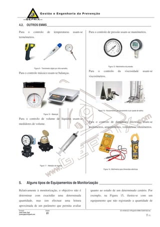 Emissão
José Costa, Engº
jcosta.geprix@gmail.com
Edição
01
GX mI038-QLD-10PagesOn-EMMs-V20091022.doc
7/ 11
4.2. OUTROS EMMS_______________________________________________________________________
Para o controlo de temperaturas usam-se
termómetros.
Figura 9 – Termómetro digital por infra-vermelho
Para o controlo mássico usam-se balanças.
Figura 10 – Balanças
Para o controlo de volume de líquidos usam-se
medidores de volume.
Figura 11 – Medição de líquidos
Para o controlo de pressão usam-se manómetros.
Figura 12– Manómetros de pressão
Para o controlo da viscosidade usam-se
viscosímetros.
Figura 13– Viscosímetros: por escoamento e por queda de esfera
Para o controlo de dimensões eléctricas usam-se
multímetros, amperímetros, voltímetros, ohmímetros.
Figura 14– Multímetros para dimensões eléctricas
5. Alguns tipos de Equipamentos de Monitorização _______________________________
Relativamente à monitorização, o objectivo não é
determinar com exactidão uma determinada
quantidade, mas sim efectuar uma leitura
aproximada de um parâmetro que permita avaliar
quanto ao estado de um determinado cenário. Por
exemplo, na Figura 15, ilustra-se com um
equipamento que não registando a quantidade de
 
