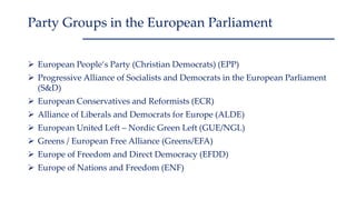  European People‘s Party (Christian Democrats) (EPP)
 Progressive Alliance of Socialists and Democrats in the European Parliament
(S&D)
 European Conservatives and Reformists (ECR)
 Alliance of Liberals and Democrats for Europe (ALDE)
 European United Left – Nordic Green Left (GUE/NGL)
 Greens / European Free Alliance (Greens/EFA)
 Europe of Freedom and Direct Democracy (EFDD)
 Europe of Nations and Freedom (ENF)
Party Groups in the European Parliament
 