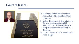  28 judges, appointed by member
states, chaired by president (Koen
Lenaerts)
 Makes decisions on interpretation of
EU law; most cases brought by
national courts, EU institutions, or
companies directly affected by EU
decisions
 Most decisions made in chambers of
3 or 5 judges
Court of Justice
 