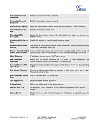 Grandstream Networks, Inc. GXP1400/1405 User Manual Page 23 of 35
Firmware version: 1.0.1.73 Last Updated: 07/2011
Connection Request
Username
Enter the connection request username.
Connection Request
Password
Enter the connection request password.
Authentication Method Select the authentication method among “No authentication”, “Basic” or Digest.
Connection Request
Port
Enter the connection request port.
Phonebook XML
Download
Selects the file download mode for the download server. Users can choose from
TFTP/HTTP/No.
Phonebook XML Server
Path
The URL/IP address of the phonebook download server.
Phonebook Download
Interval
The interval at which the phonebook will be downloaded from the download server
(in Minutes). The default setting is 0.
Remove Manually-edited
entries on Downloads
If set to “Yes”, the phone will remove the manually-edited entries in the old
phonebook list before downloading the new file. The default setting is set to “Yes”.
LDAP Directory IP address or domain name of LDAP script server.
Idle Screen XML
Download
Enable XML Idle Screen download via TFTP or HTTP. Select whether to “Use
Custom Filename” or not, and define the “XML server path”.
Download Screen XML
At Boot-up:
The phone will download the idle screen xml file if set to “Yes”. The default setting
is “No”.
Use Custom Filename The phone will use custom filename specified in XML server path if set to “Yes”.
The default setting is “No”.
Idle Screen XML Server
Path:
Specify the idle screen XML server path.
XML Application Enter server path for XML application.
Softkey Label Defines the softkey label for the XML application.
Offhook Auto Dial To configure a User ID/extension to dial automatically when the phone is taken
offhook.
Syslog Server The IP address or URL of System log server. This feature is especially useful for
ITSPs.
 