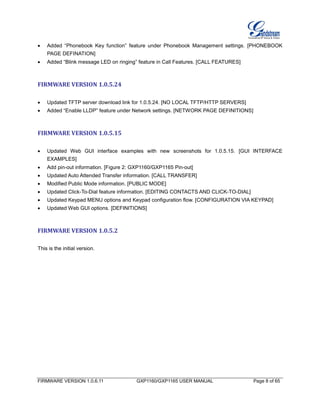 FIRMWARE VERSION 1.0.6.11 GXP1160/GXP1165 USER MANUAL Page 8 of 65
 Added “Phonebook Key function” feature under Phonebook Management settings. [PHONEBOOK
PAGE DEFINATION]
 Added “Blink message LED on ringing” feature in Call Features. [CALL FEATURES]
FIRMWARE VERSION 1.0.5.24
 Updated TFTP server download link for 1.0.5.24. [NO LOCAL TFTP/HTTP SERVERS]
 Added “Enable LLDP” feature under Network settings. [NETWORK PAGE DEFINITIONS]
FIRMWARE VERSION 1.0.5.15
 Updated Web GUI interface examples with new screenshots for 1.0.5.15. [GUI INTERFACE
EXAMPLES]
 Add pin-out information. [Figure 2: GXP1160/GXP1165 Pin-out]
 Updated Auto Attended Transfer information. [CALL TRANSFER]
 Modified Public Mode information. [PUBLIC MODE]
 Updated Click-To-Dial feature information. [EDITING CONTACTS AND CLICK-TO-DIAL]
 Updated Keypad MENU options and Keypad configuration flow. [CONFIGURATION VIA KEYPAD]
 Updated Web GUI options. [DEFINITIONS]
FIRMWARE VERSION 1.0.5.2
This is the initial version.
 