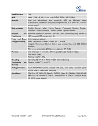 FIRMWARE VERSION 1.0.6.11 GXP1160/GXP1165 USER MANUAL Page 12 of 65
Wall Mountable Yes
QoS Layer 2 (802.1Q, 802.1p) and Layer 3 (ToS, DiffServ, MPLS) QoS
Security User and administrator level passwords, MD5 and MD5-sess based
authentication, 256-bit AES encrypted configuration file, TLS, SRTP, 802.1X media
access control
Multi-language English, German, Italian, French, Spanish, Portuguese, Russian, Croatian,
Simplified Chinese, traditional Chinese, Korean, Japanese and etc
Upgrade and
Provisioning
Firmware upgrade via TFTP/HTTP/HTTPS, mass provisioning using TR-069 or
AES encrypted XML configuration file
Power and Green
Energy Efficiency
Universal power adapter:
Input: 100-240VAC 50-60Hz; Output: 5VDC, 800mA
Integrated Power-over-Ethernet (Built-in auto-sensing: Cisco and IEEE 802.3af
standard)
Max power consumption 2.5W (power adapter) or 3W (PoE)
Physical Unit dimension: 154mm (W) x 200mm (L) x 79mm (D) (handset onhook)
Unit weight: 0.6kg
Package weight: 1.03kg
Operating
Temperature and
Humidity
Operating: 32-104
o
F / 0-40
o
C, 10-90% (non-condensing)
Storage: 14-140
o
F / -10-60
o
C
Package Content GXP1160/GXP1165 phone, handset with cord, base stand, universal power
supply, network cable, quick start guide
Compliance FCC Part 15 (CFR 47) Class B; EN55022 Class B, EN55024, EN61000-3-2,
EN61000-3-3, EN60950-1; AS/NZS CISPR 22 Class B, AS/NZS CISPR 24, RoHS;
UL 60950 (power adapter)
 