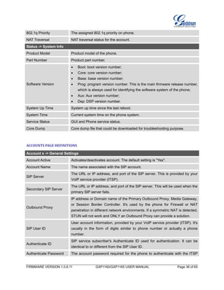 FIRMWARE VERSION 1.0.6.11 GXP1160/GXP1165 USER MANUAL Page 36 of 65
802.1q Priority The assigned 802.1q priority on phone.
NAT Traversal NAT traversal status for the account.
Status -> System Info
Product Model Product model of the phone.
Part Number Product part number.
Software Version
 Boot: boot version number;
 Core: core version number;
 Base: base version number;
 Prog: program version number. This is the main firmware release number,
which is always used for identifying the software system of the phone;
 Aux: Aux version number;
 Dsp: DSP version number.
System Up Time System up time since the last reboot.
System Time Current system time on the phone system.
Service Status GUI and Phone service status.
Core Dump Core dump file that could be downloaded for troubleshooting purpose.
ACCOUNTS PAGE DEFINITIONS
Account x -> General Settings
Account Active Activates/deactivates account. The default setting is "Yes".
Account Name The name associated with the SIP account.
SIP Server
The URL or IP address, and port of the SIP server. This is provided by your
VoIP service provider (ITSP).
Secondary SIP Server
The URL or IP address, and port of the SIP server. This will be used when the
primary SIP server fails.
Outbound Proxy
IP address or Domain name of the Primary Outbound Proxy, Media Gateway,
or Session Border Controller. It's used by the phone for Firewall or NAT
penetration in different network environments. If a symmetric NAT is detected,
STUN will not work and ONLY an Outbound Proxy can provide a solution.
SIP User ID
User account information, provided by your VoIP service provider (ITSP). It's
usually in the form of digits similar to phone number or actually a phone
number.
Authenticate ID
SIP service subscriber's Authenticate ID used for authentication. It can be
identical to or different from the SIP User ID.
Authenticate Password The account password required for the phone to authenticate with the ITSP
 