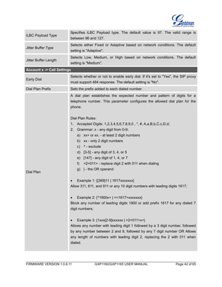 FIRMWARE VERSION 1.0.6.11 GXP1160/GXP1165 USER MANUAL Page 42 of 65
iLBC Payload Type
Specifies iLBC Payload type. The default value is 97. The valid range is
between 96 and 127.
Jitter Buffer Type
Selects either Fixed or Adaptive based on network conditions. The default
setting is "Adaptive".
Jitter Buffer Length
Selects Low, Medium, or High based on network conditions. The default
setting is "Medium".
Account x -> Call Settings
Early Dial
Selects whether or not to enable early dial. If it's set to "Yes", the SIP proxy
must support 484 response. The default setting is "No".
Dial Plan Prefix Sets the prefix added to each dialed number.
Dial Plan
A dial plan establishes the expected number and pattern of digits for a
telephone number. This parameter configures the allowed dial plan for the
phone.
Dial Plan Rules:
1. Accepted Digits: 1,2,3,4,5,6,7,8,9,0 , *, #, A,a,B,b,C,c,D,d;
2. Grammar: x - any digit from 0-9;
a) xx+ or xx. - at least 2 digit numbers
b) xx - only 2 digit numbers
c) ^ - exclude
d) [3-5] - any digit of 3, 4, or 5
e) [147] - any digit of 1, 4, or 7
f) <2=011> - replace digit 2 with 011 when dialing
g) | - the OR operand
 Example 1: {[369]11 | 1617xxxxxxx}
Allow 311, 611, and 911 or any 10 digit numbers with leading digits 1617;
 Example 2: {^1900x+ | <=1617>xxxxxxx}
Block any number of leading digits 1900 or add prefix 1617 for any dialed 7
digit numbers;
 Example 3: {1xxx[2-9]xxxxxx | <2=011>x+}
Allows any number with leading digit 1 followed by a 3 digit number, followed
by any number between 2 and 9, followed by any 7 digit number OR Allows
any length of numbers with leading digit 2, replacing the 2 with 011 when
dialed.
 